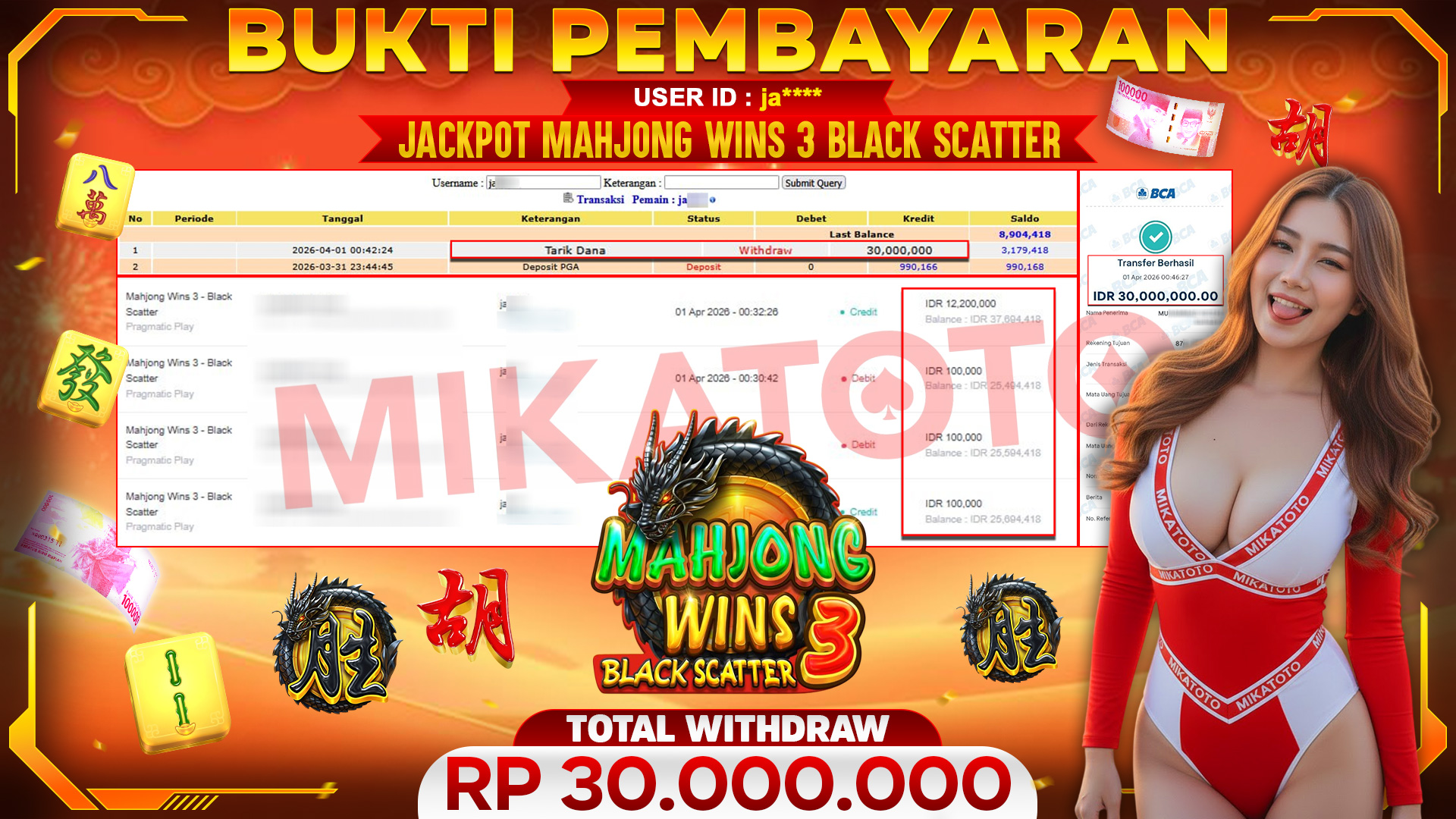 🏆 SELAMAT KEPADA PEMENANG JACKPOT DI Mahjong Wins 3 Black Scatter - Pragmatic Play 30,000,000🏆