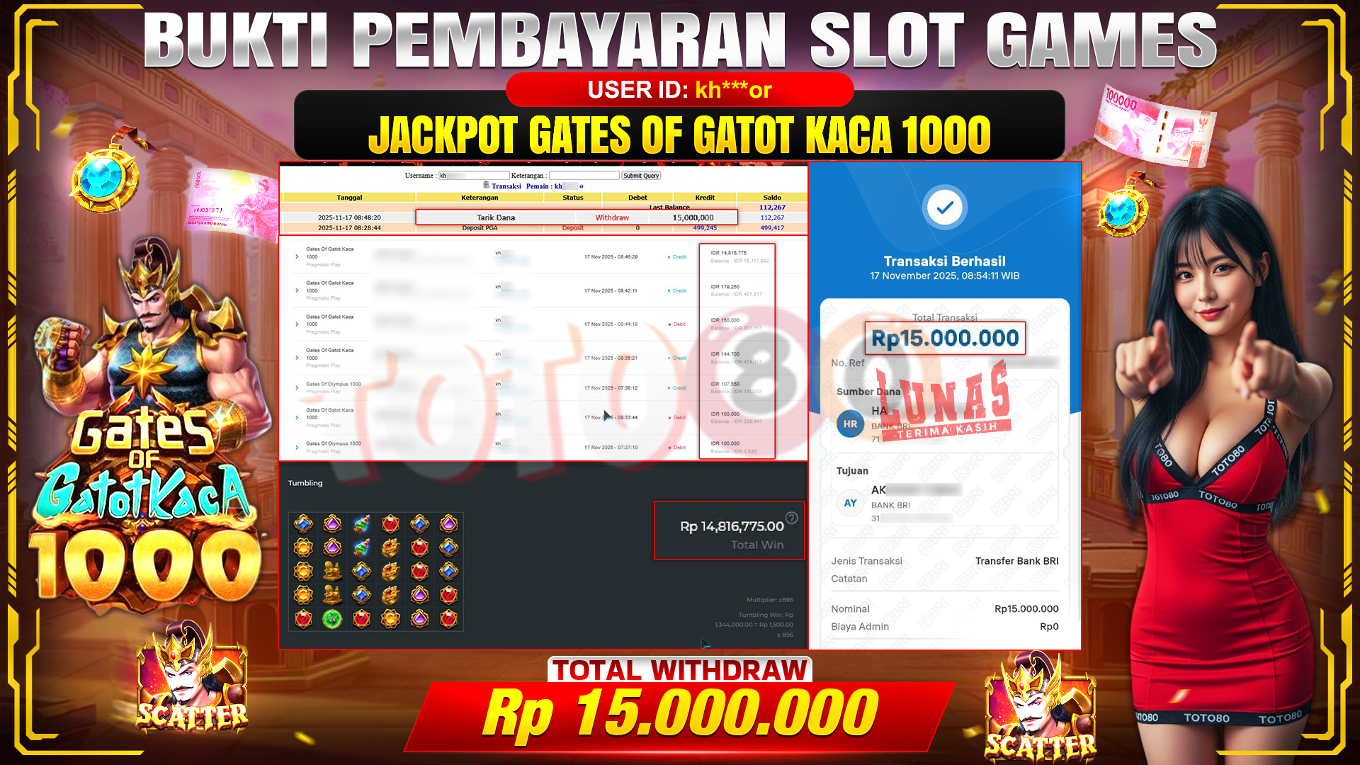 🎉 TOTO80 – JACKPOT SLOT GATES OF GATOT KACA 1000 RP.15,000,000,- TELAH DIBAYARKAN! 🎉