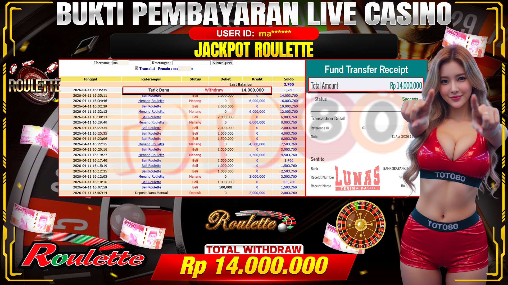 💰🎉 TOTO80 – JACKPOT ROULETTE RP. 14,000,000,- TELAH DIBAYARKAN!💰🎉