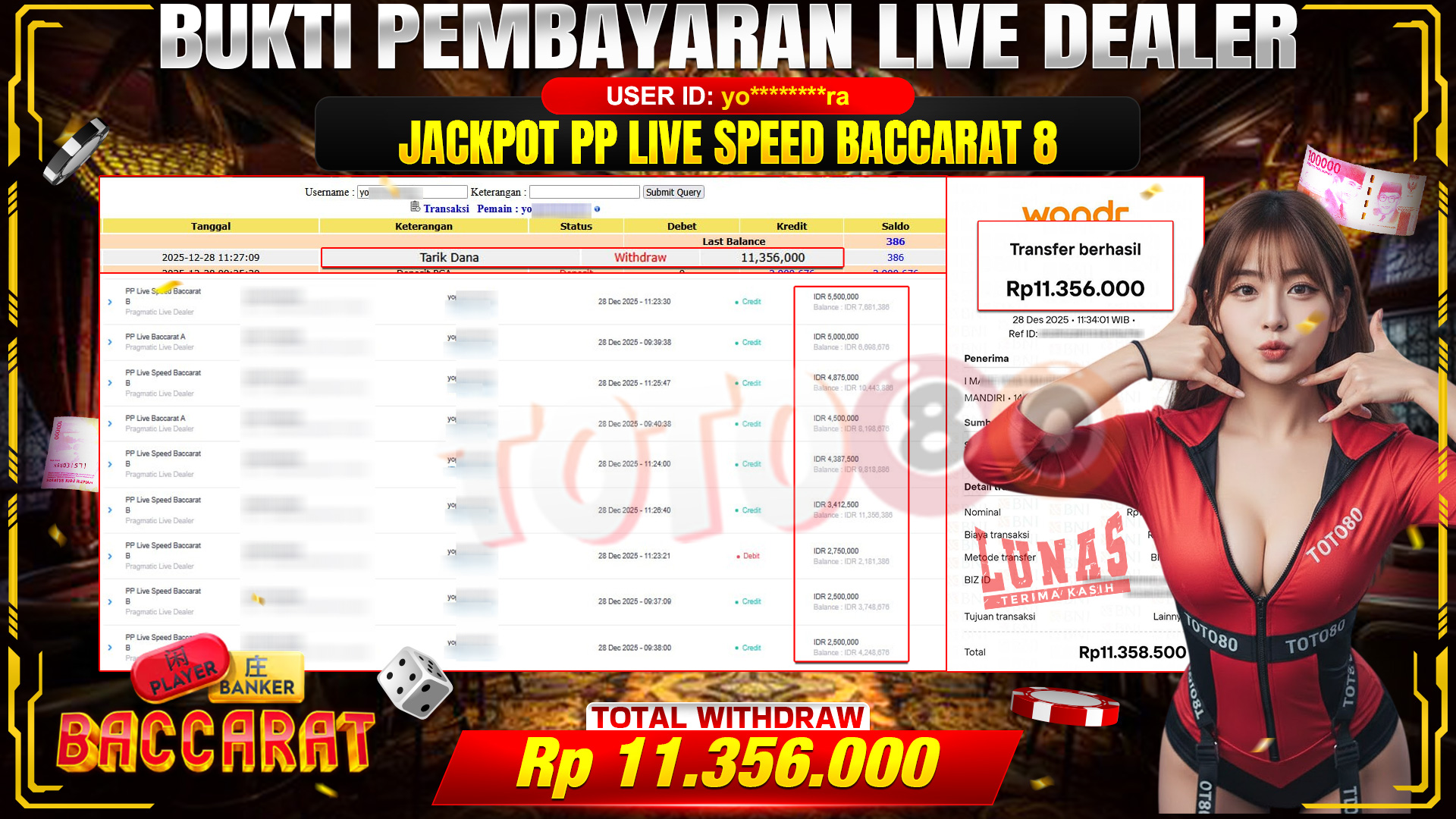 🎉 TOTO80 – JACKPOT PP LIVE SPEED BACCARAT 8 RP. 11,356,000,- TELAH DIBAYARKAN! 🎉