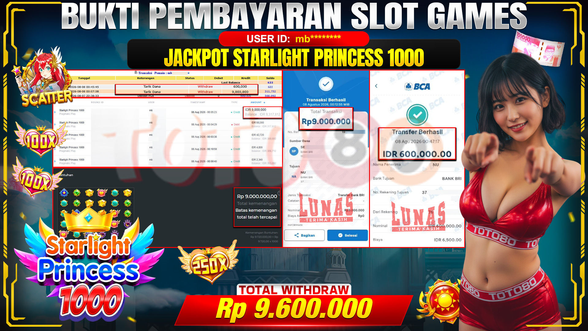 💰🎉 TOTO80 – JACKPOT SLOT STARLIGHT PRINCES 1000 RP. 9,600,000,-  TELAH DIBAYARKAN! 💰🎉