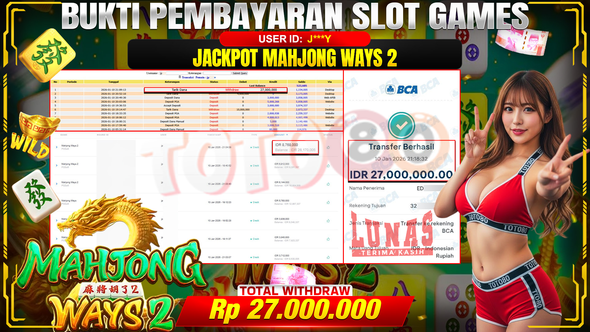 🎉 TOTO80 – JACKPOT SLOT MAHJONG WAYS 2 RP. 27,000,000,- TELAH DIBAYARKAN! 🎉