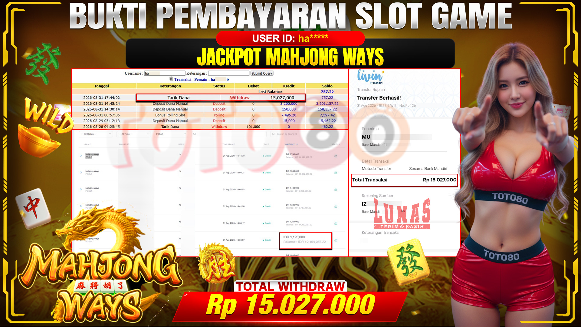 💰🎉 TOTO80 – JACKPOT SLOT MAHJONG  WAYS  RP. 15,027,000,-  TELAH DIBAYARKAN!💰🎉
