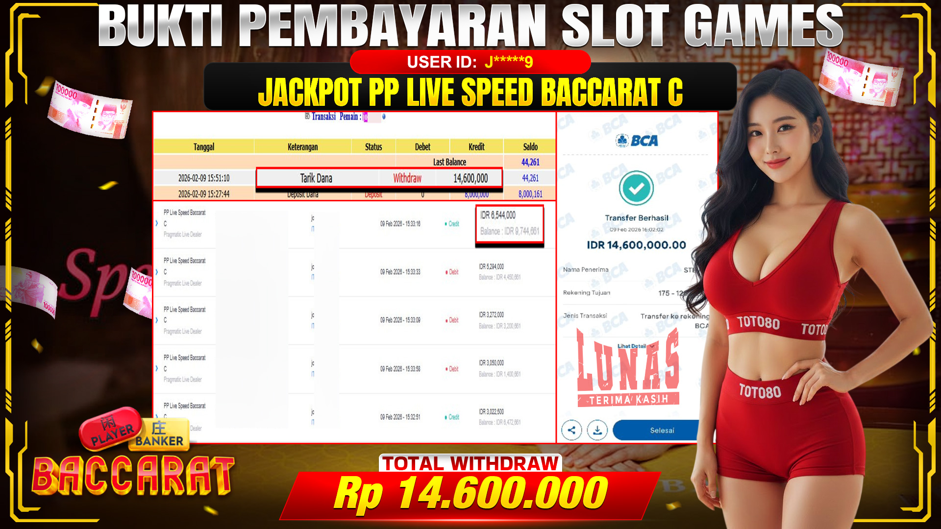 🎉 TOTO80 – JACKPOT PP LIVE SPEED BACCARAT C RP.14,600,000,- TELAH DIBAYARKAN! 🎉