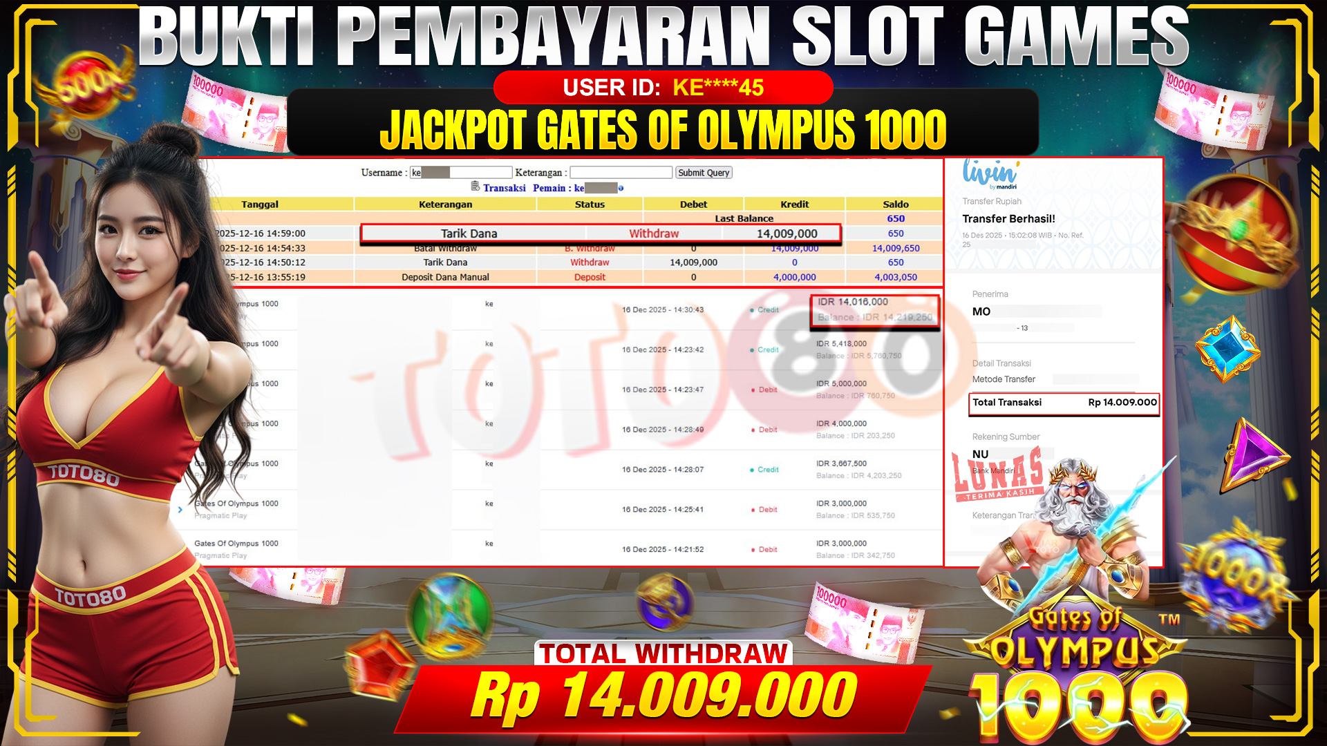 🎉 TOTO80 – JACKPOT SLOT GATES OF OLYMPUS 1000  RP. 14,009,000,- TELAH DIBAYARKAN! 🎉