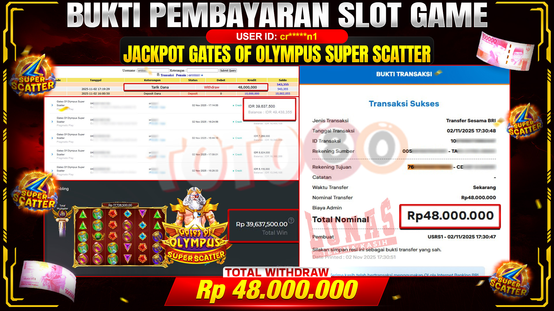 🎉 TOTO80 – JACKPOT SLOT GATES OF OLYMPUS SUPER SCATTER RP.48,000,000,- TELAH DIBAYARKAN! 🎉