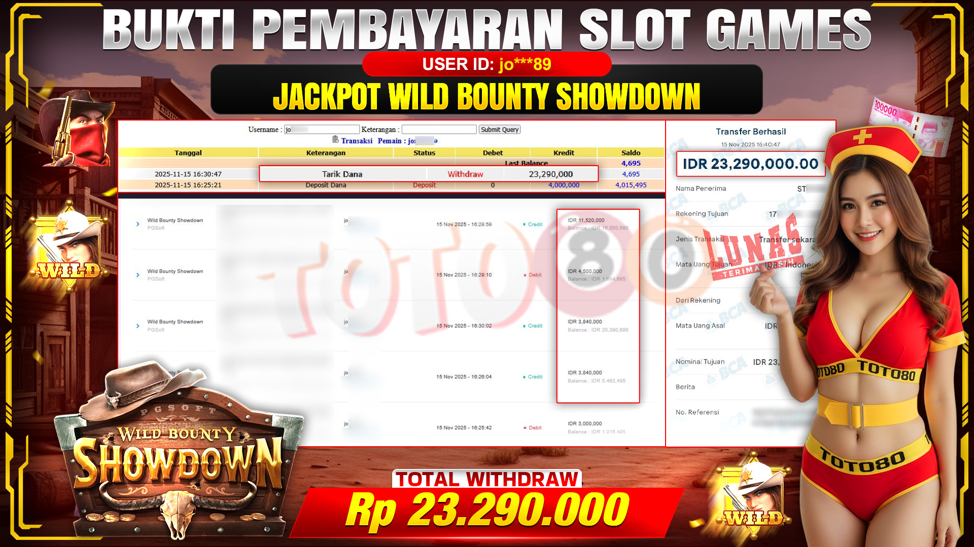 🎉 TOTO80 – JACKPOT SLOT WILD BOUNTY SHOWDOWN RP.23,290,000,- TELAH DIBAYARKAN! 🎉