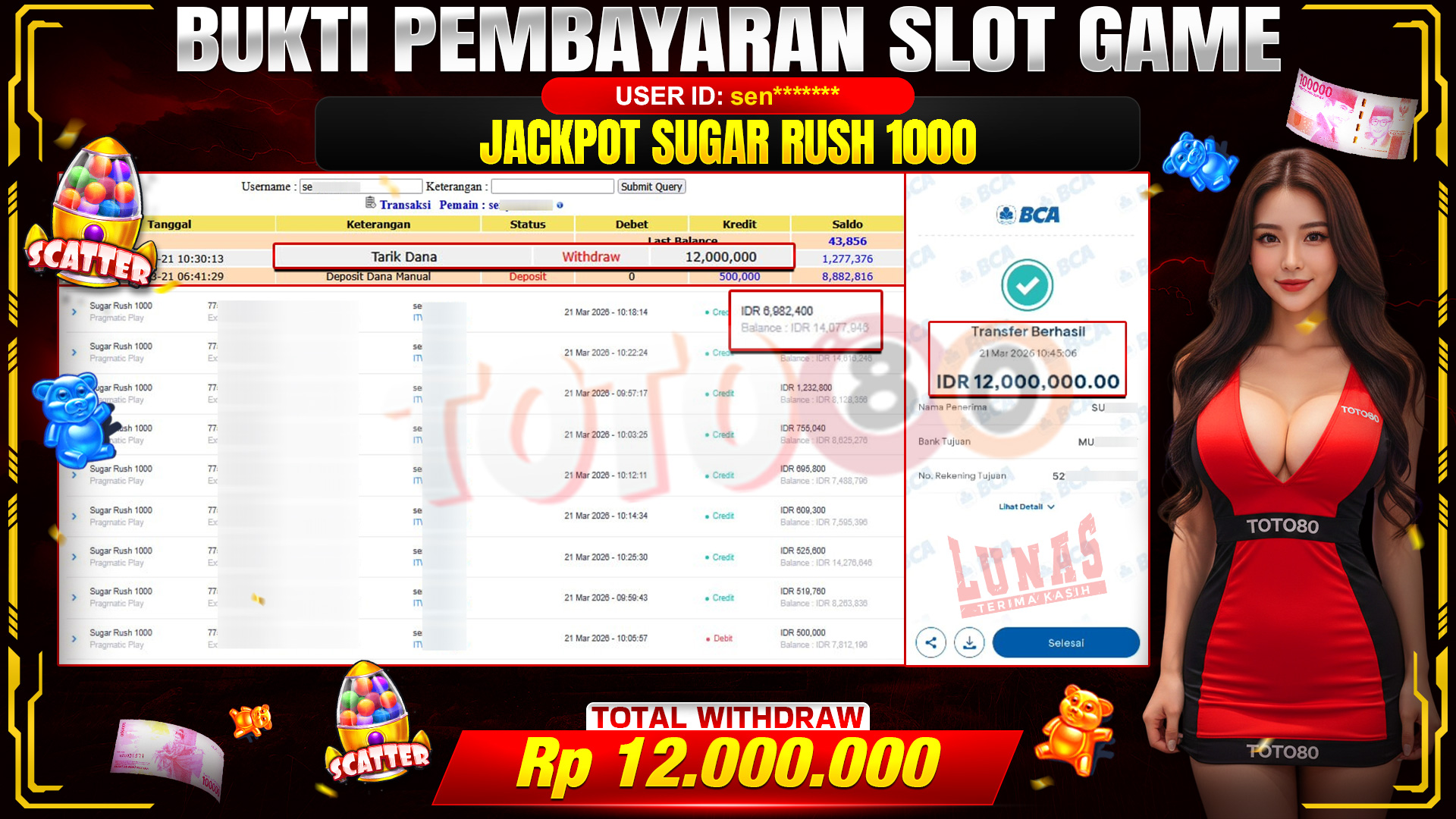 💰🎉 TOTO80 – JACKPOT SLOT SUGAR RUSH 1000 RP. 12,000,000,- TELAH DIBAYARKAN!💰🎉