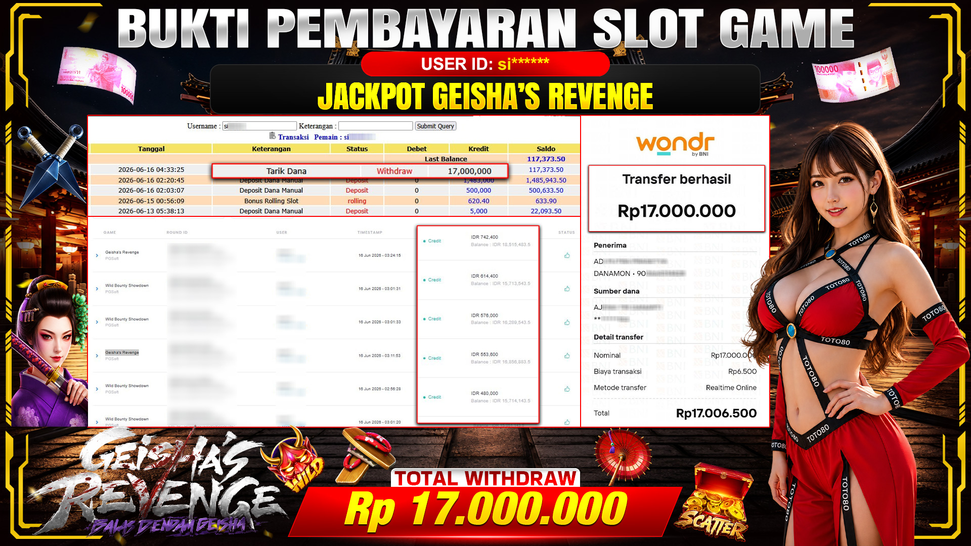 💰🎉 TOTO80 – JACKPOT GEISHA REVENGE . RP. 17,000,000,- TELAH DIBAYARKAN! 💰🎉