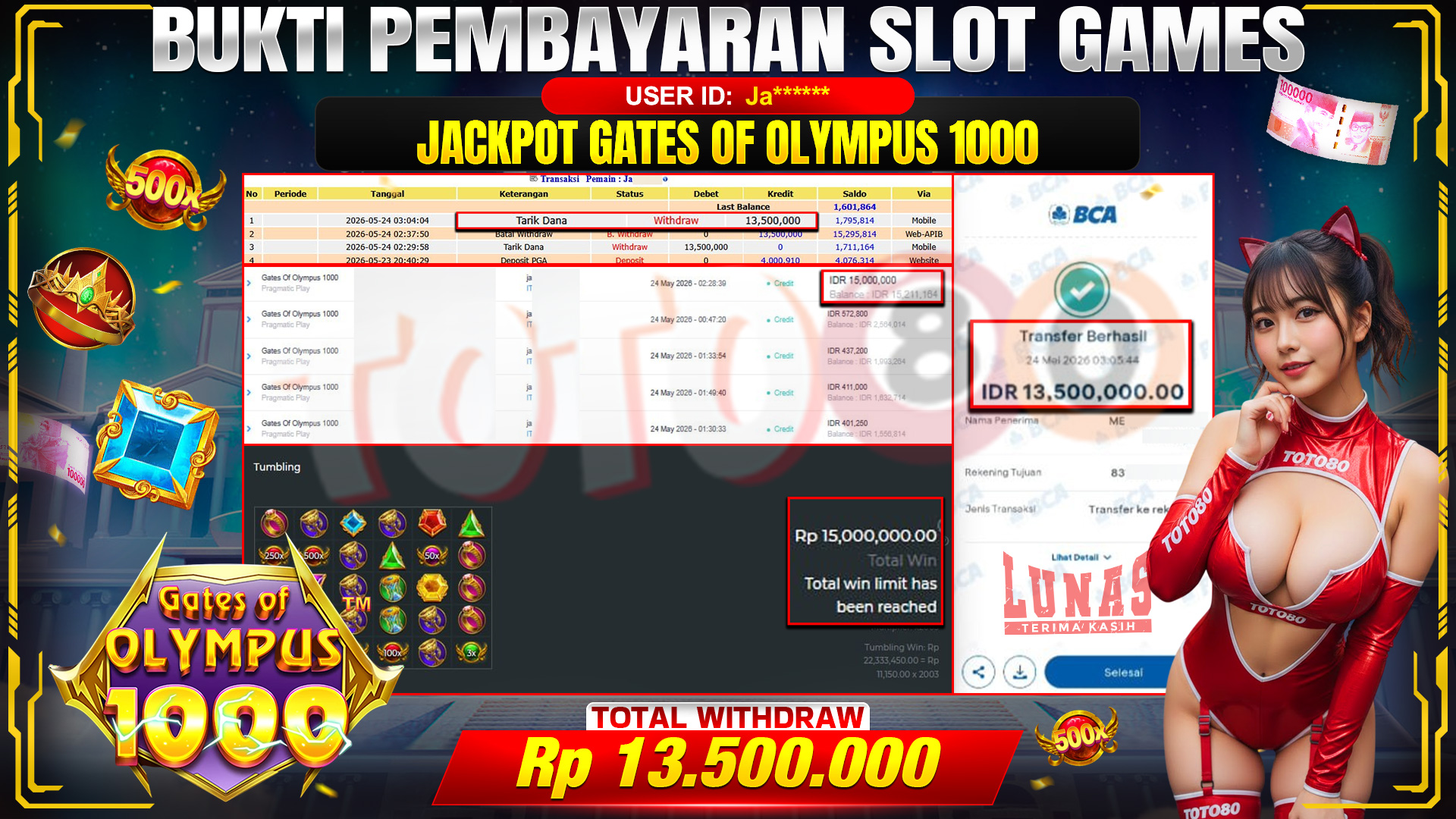 💰🎉 TOTO80 – JACKPOT SLOT GATES OF OLYMPUS 1000 RP. 13,500,000,-  TELAH DIBAYARKAN!💰🎉
