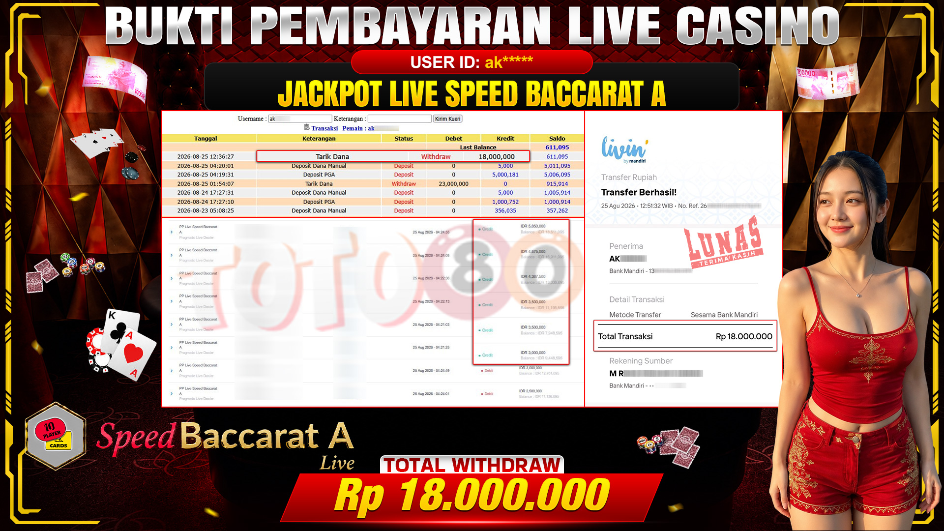 💰🎉 TOTO80 – JACKPOT PP LIVE  SPEED  BACCARAT A RP. 18,000,000,- TELAH DIBAYARKAN!💰🎉