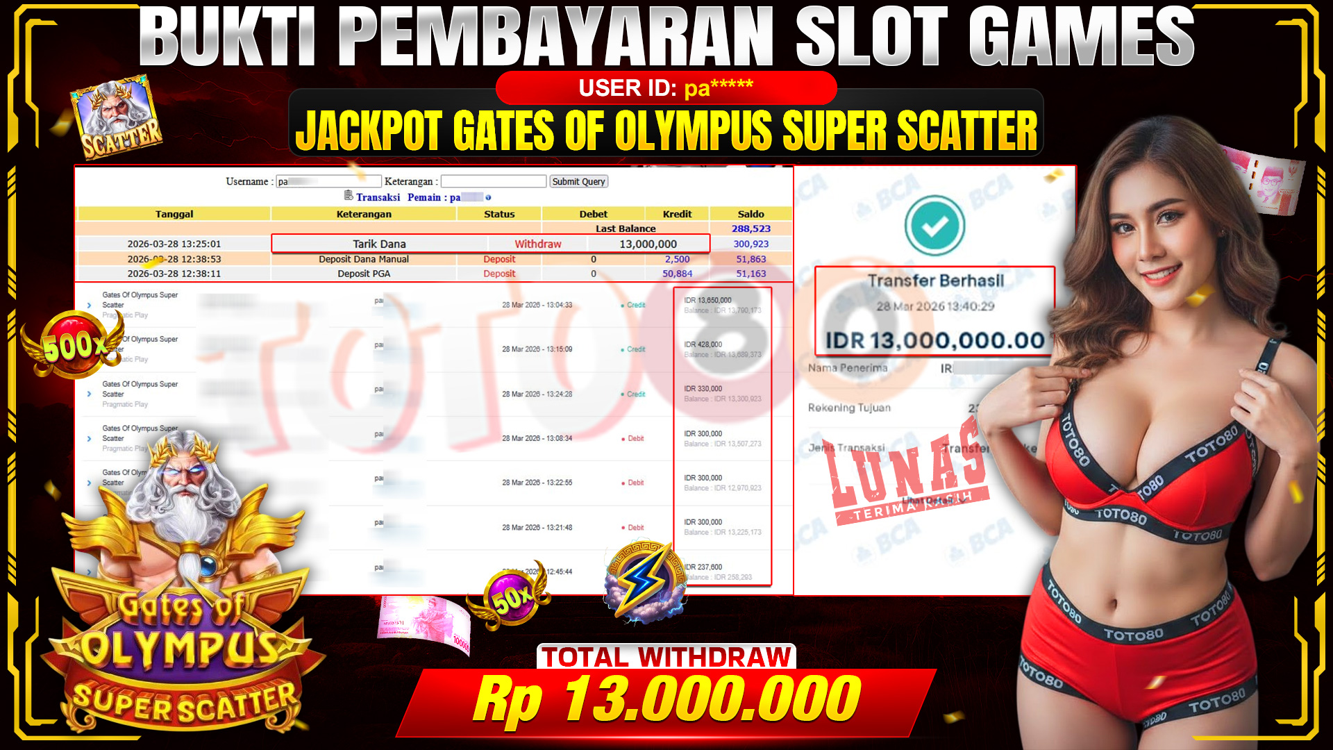 💰🎉 TOTO80 – JACKPOT SLOT GATES OF OLIMPUS SUPER SCATTER RP. 13,000,000,- TELAH DIBAYARKAN!💰🎉