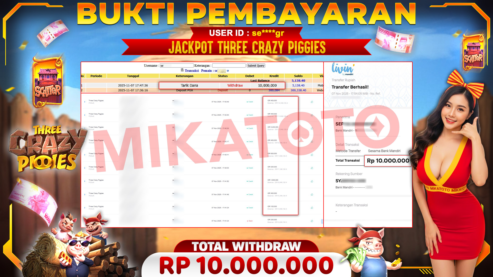 🏆 SELAMAT KEPADA PEMENANG JACKPOT DI Three Crazy Piggies - PGSoft 10,000,000🏆