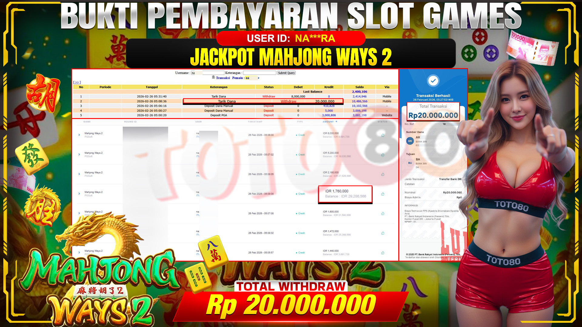 🎉 TOTO80 – JACKPOT SLOT MAHJONG WAYS 2 RP. 20,000,000,- TELAH DIBAYARKAN! 🎉