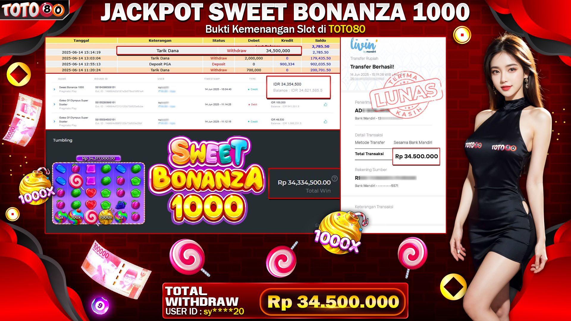 🎉 TOTO80 – JACKPOT SLOT SWEET BONANZA 1000 RP.34,500,000,- TELAH DIBAYARKAN!🎉