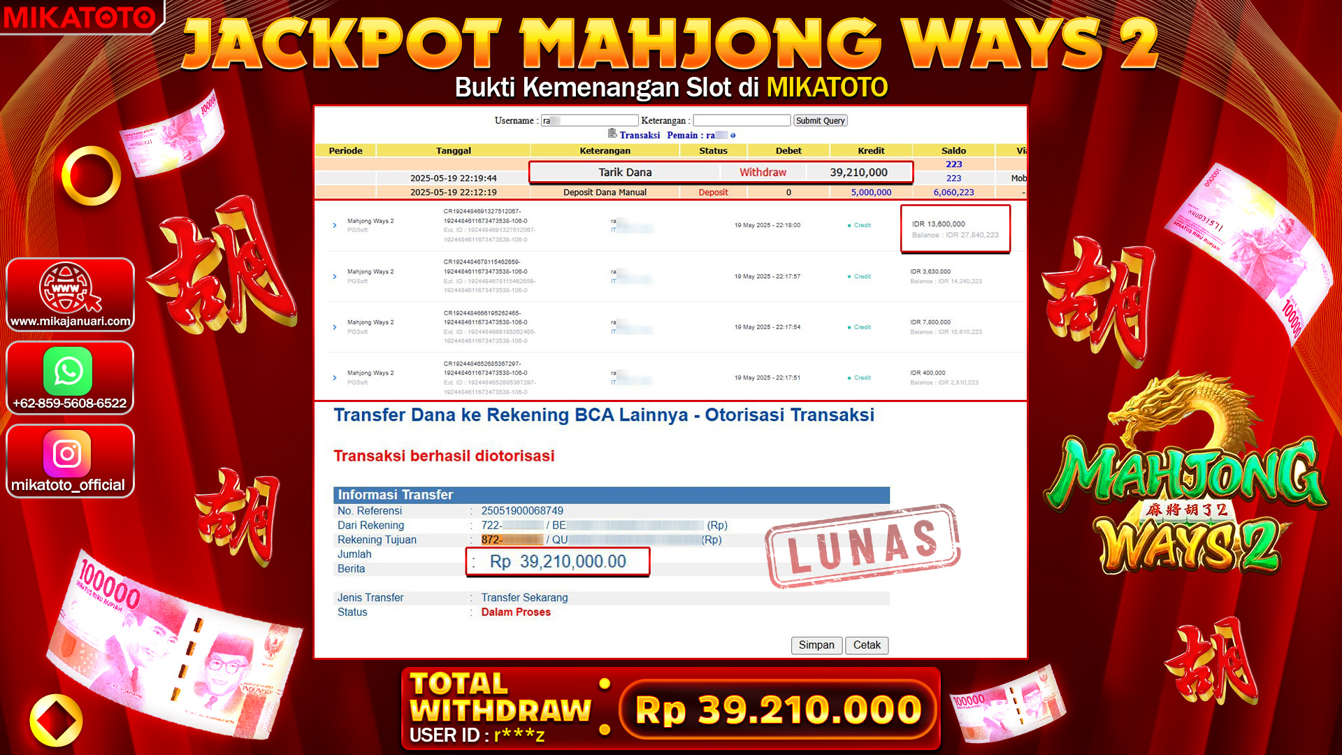 🏆 SELAMAT KEPADA PEMENANG MAHJONG WAYS 2  39.210.000🏆