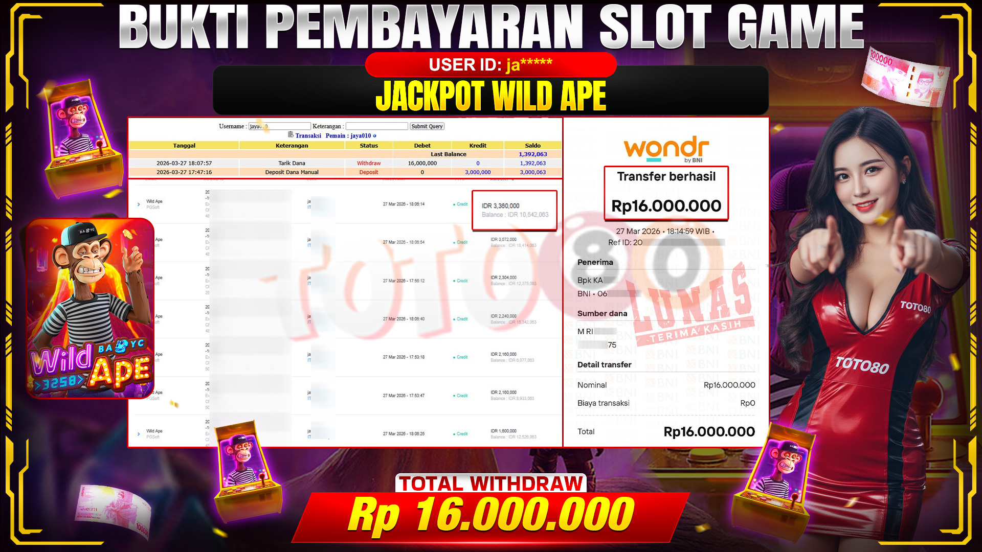 💰🎉 TOTO80 – JACKPOT SLOT WILD APE  RP. 16,000,000,- TELAH DIBAYARKAN!💰🎉