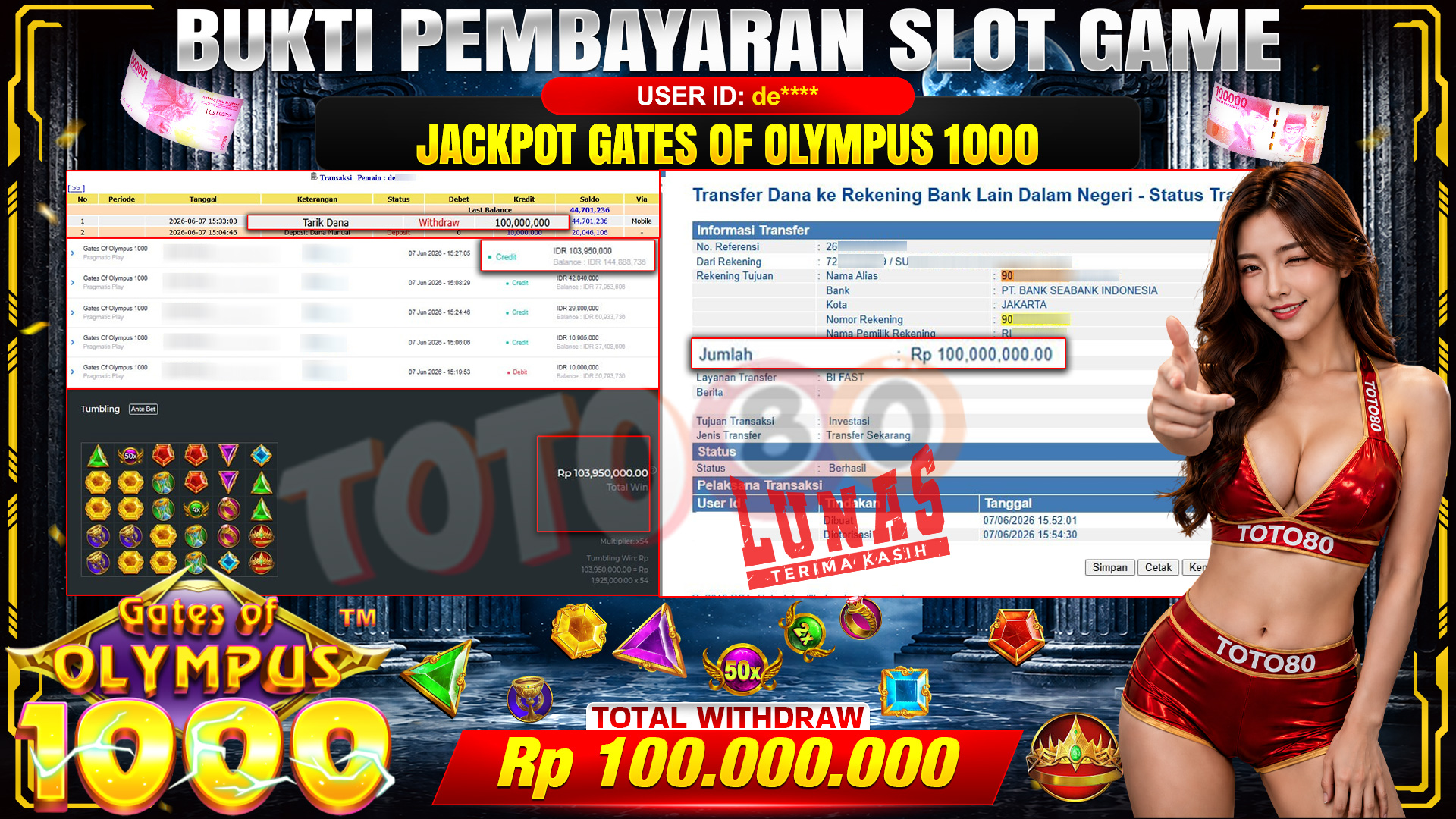 💰🎉 TOTO80 – JACKPOT SLOT GATES OF OLYMPUS 1000  RP. 100,000,000,- TELAH DIBAYARKAN!💰🎉