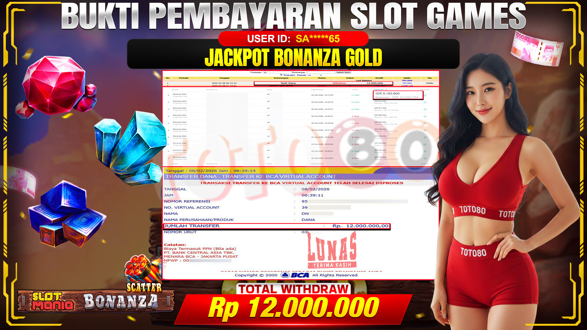 🎉 TOTO80 – JACKPOT SLOT BONANZA GOLD  RP. 12,000,000,- TELAH DIBAYARKAN! 🎉