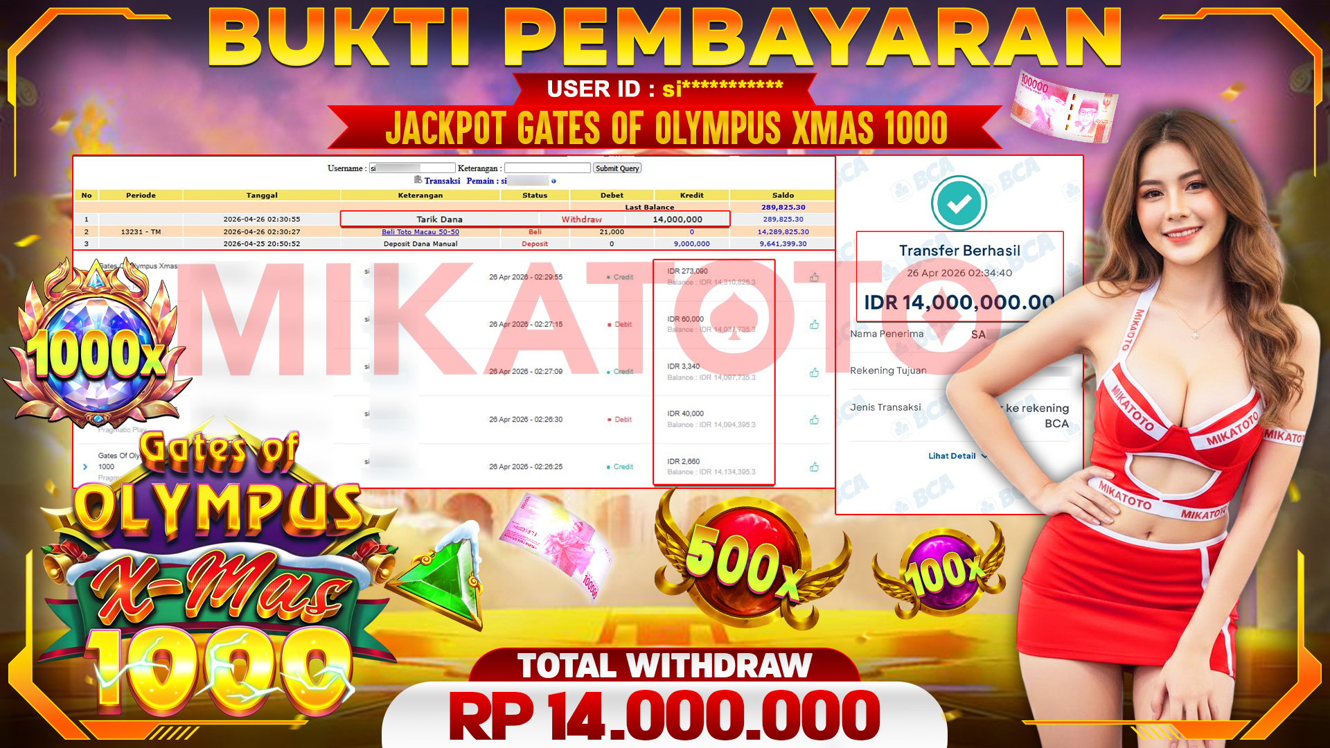 🏆 SELAMAT KEPADA PEMENANG JACKPOT DI Gates Of Olympus Xmas 1000 - Pragmatic Play 14,000,000🏆