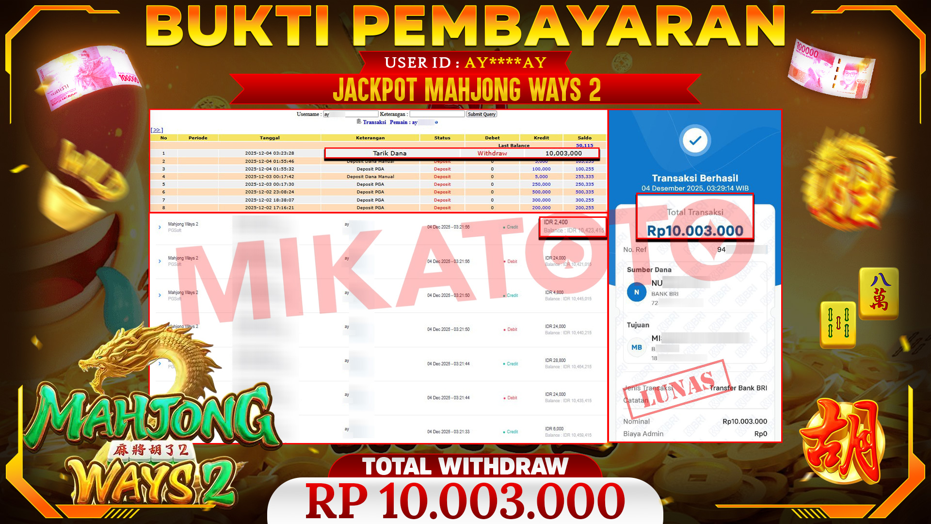 SELAMAT KEPADA PEMENANG JACKPOT DI Mahjong Ways 2 - PGSoft 10,003,000🏆