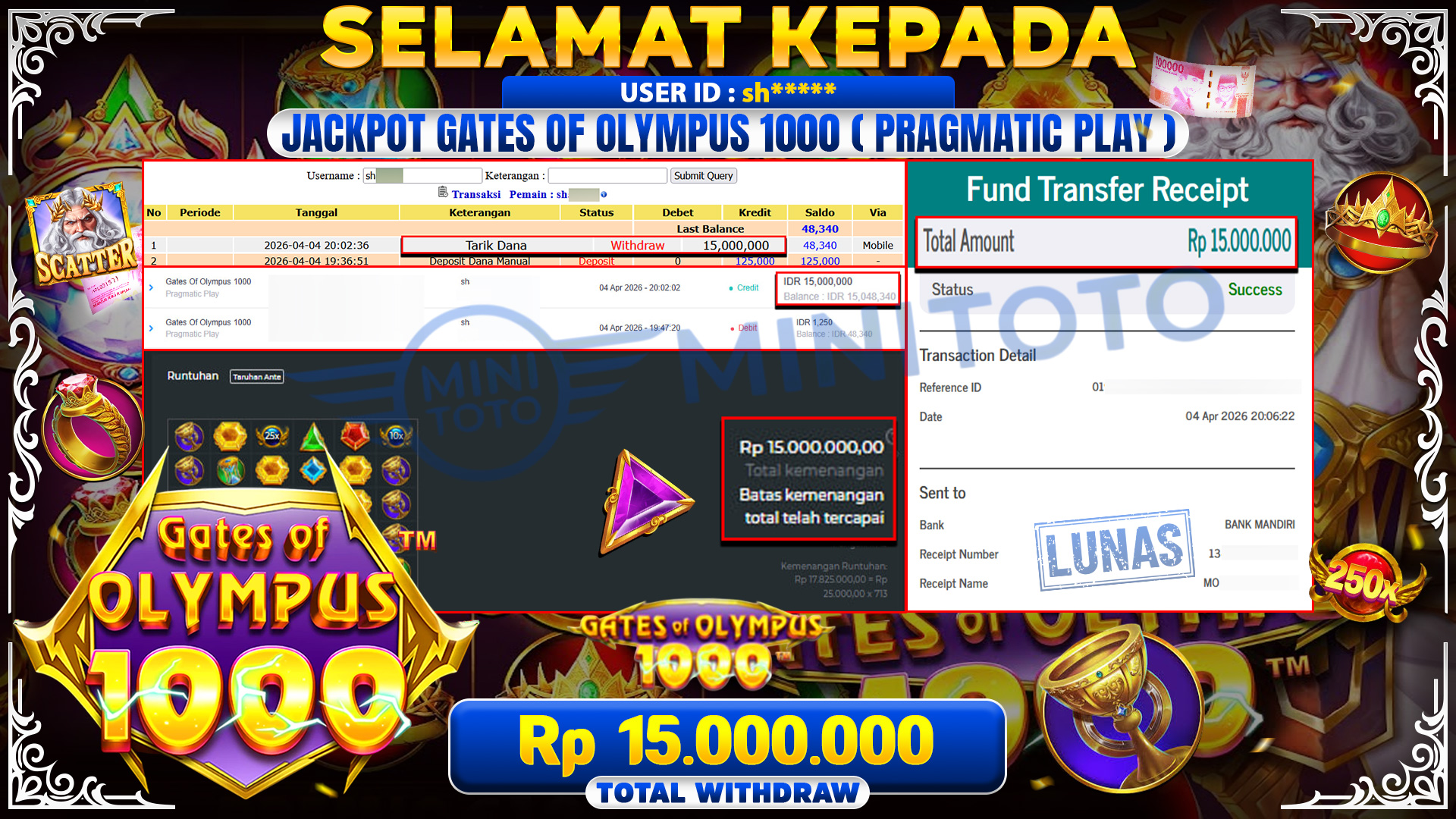 BUKTI JACPOT Gates Of Olympus 1000 - Pragmatic Play