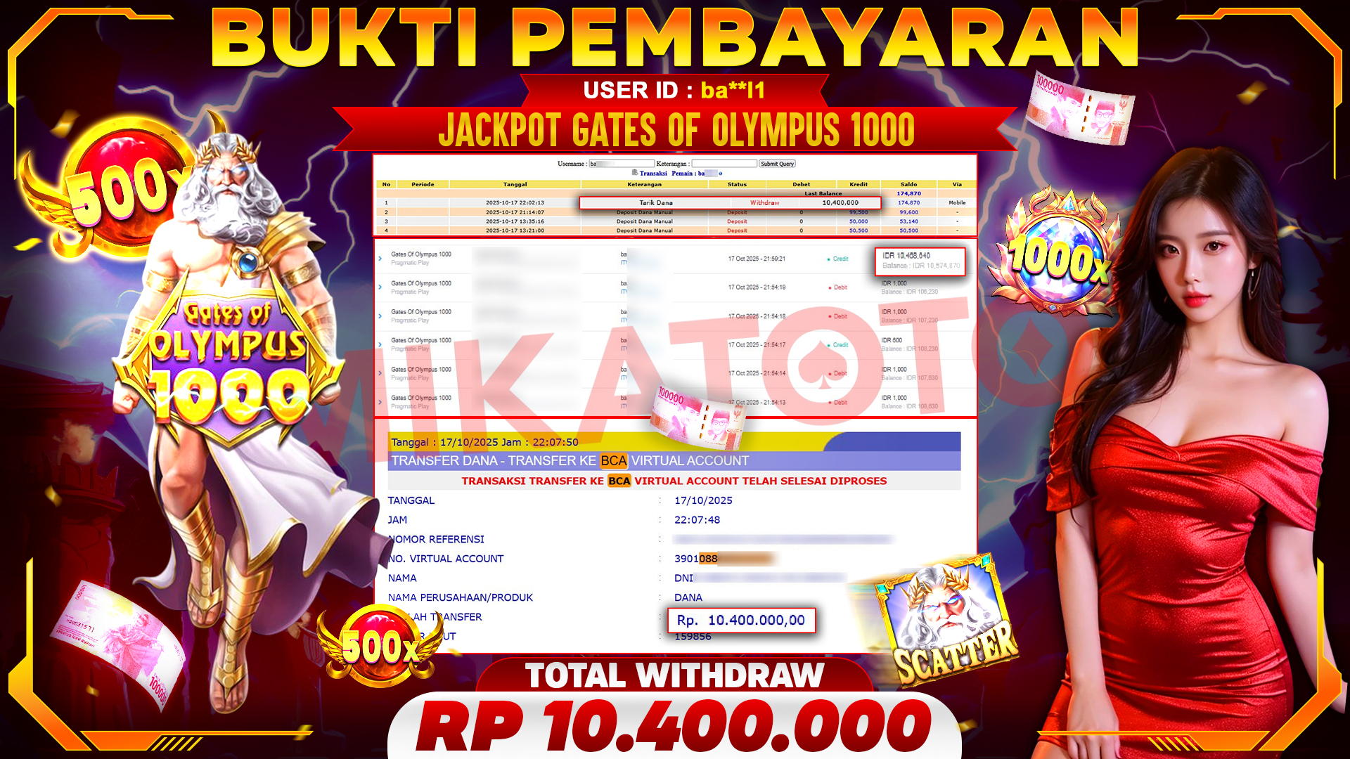 🏆 SELAMAT KEPADA PEMENANG JACKPOT DI Gates Of Olympus 1000 - Pragmatic Play 10,400,000🏆
