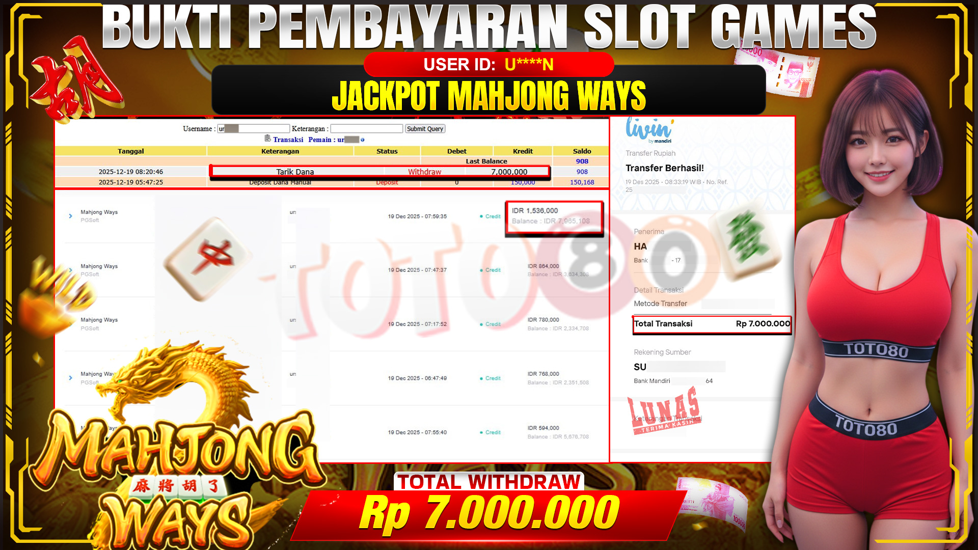 🎉 TOTO80 – JACKPOT SLOT MAHJONG WAYS  RP. 7,000,000,- TELAH DIBAYARKAN! 🎉