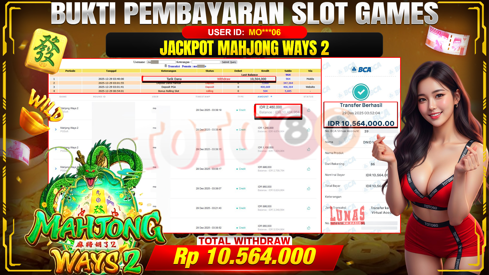 🎉 TOTO80 – JACKPOT SLOT MAHJONG WAYS 2 RP. 10,564,000,- TELAH DIBAYARKAN! 🎉