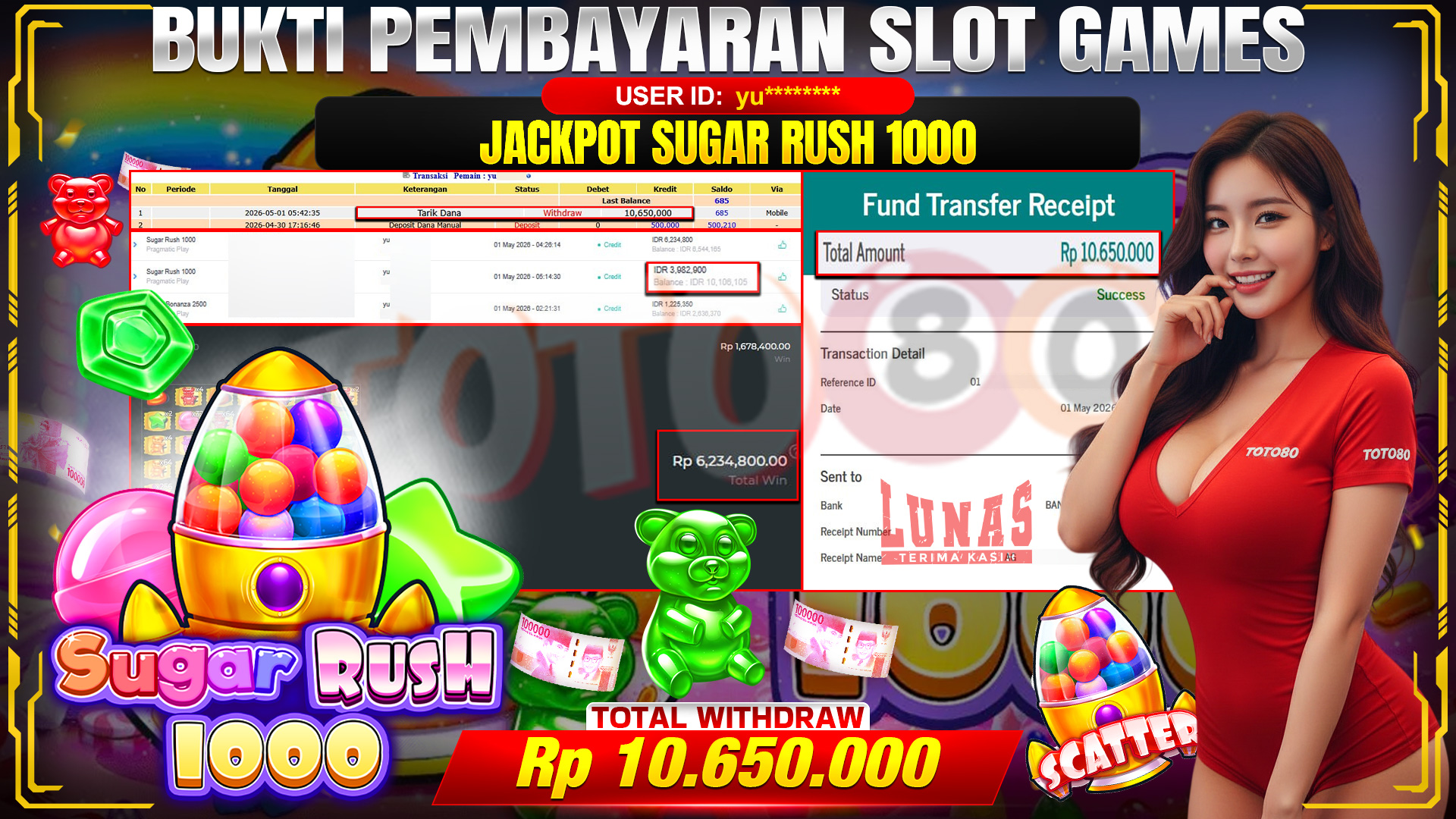 💰🎉 TOTO80 – JACKPOT SLOT SUGAR RUSH 1000 RP. 10,650,000,- TELAH DIBAYARKAN!💰🎉