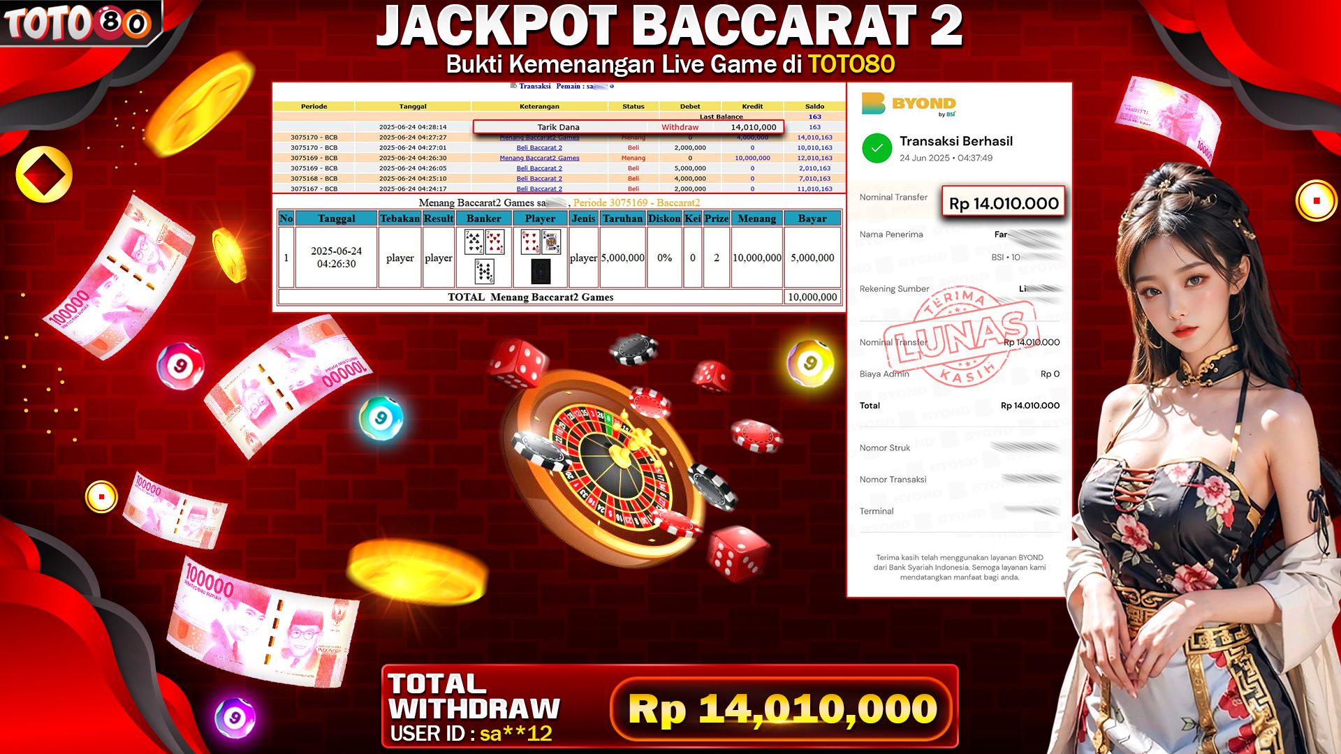 🎉 TOTO80 – JACKPOT LIVE GAME BACCARAT 2 RP.14,010,000,- TELAH DIBAYARKAN!🎉