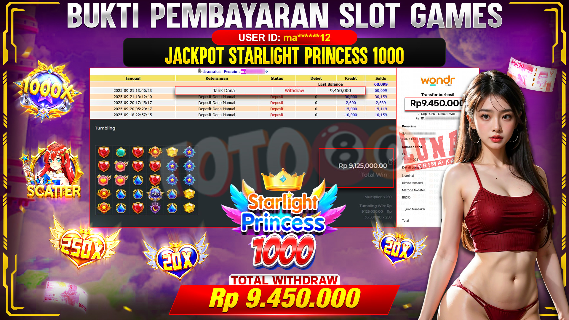 🎉 TOTO80 – JACKPOT STARLIGHT PRINCESS 1000 RP.9,450,000,- TELAH DIBAYARKAN! 🎉