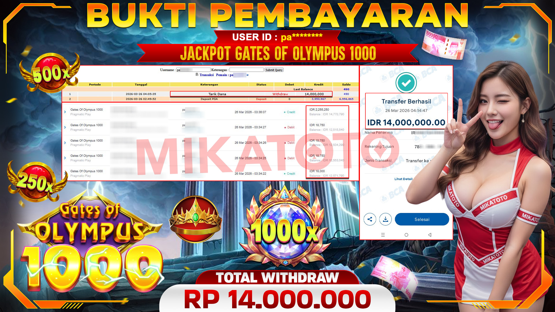 🏆 SELAMAT KEPADA PEMENANG JACKPOT DI Gates Of Olympus 1000 - Pragmatic Play 14,000,000🏆