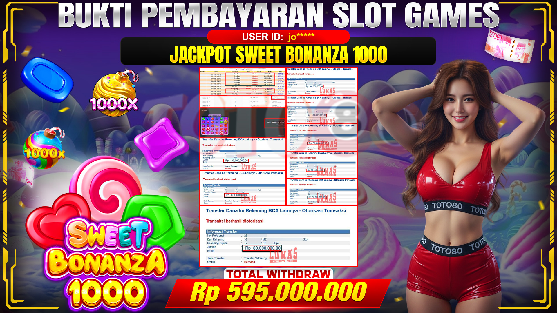 💰🎉  TOTO80 – JACKPOT SLOT SWEET BONANZA 1000 RP. 595,000,000,- TELAH DIBAYARKAN! 💰🎉 