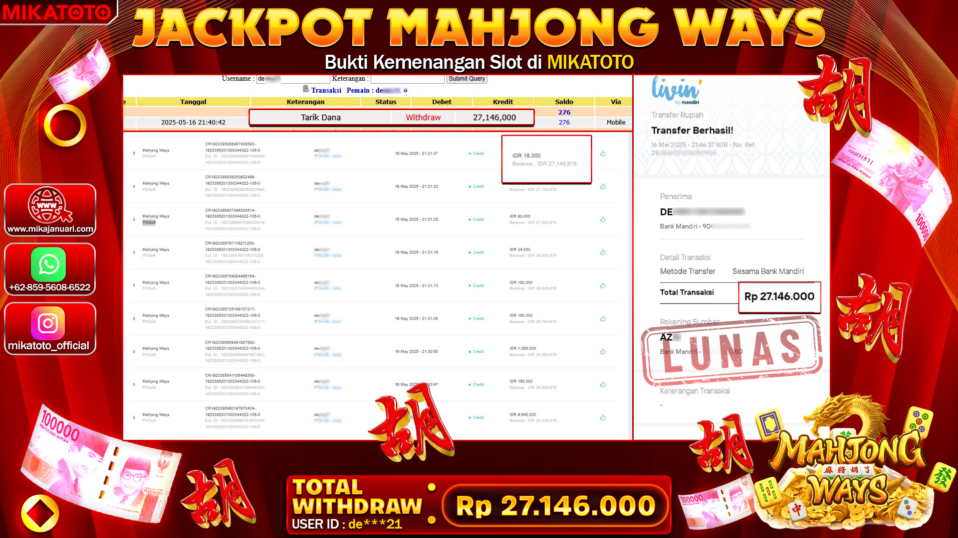 🏆 SELAMAT KEPADA PEMENANG JACKPOT DI Mahjong Ways 27,146,000🏆