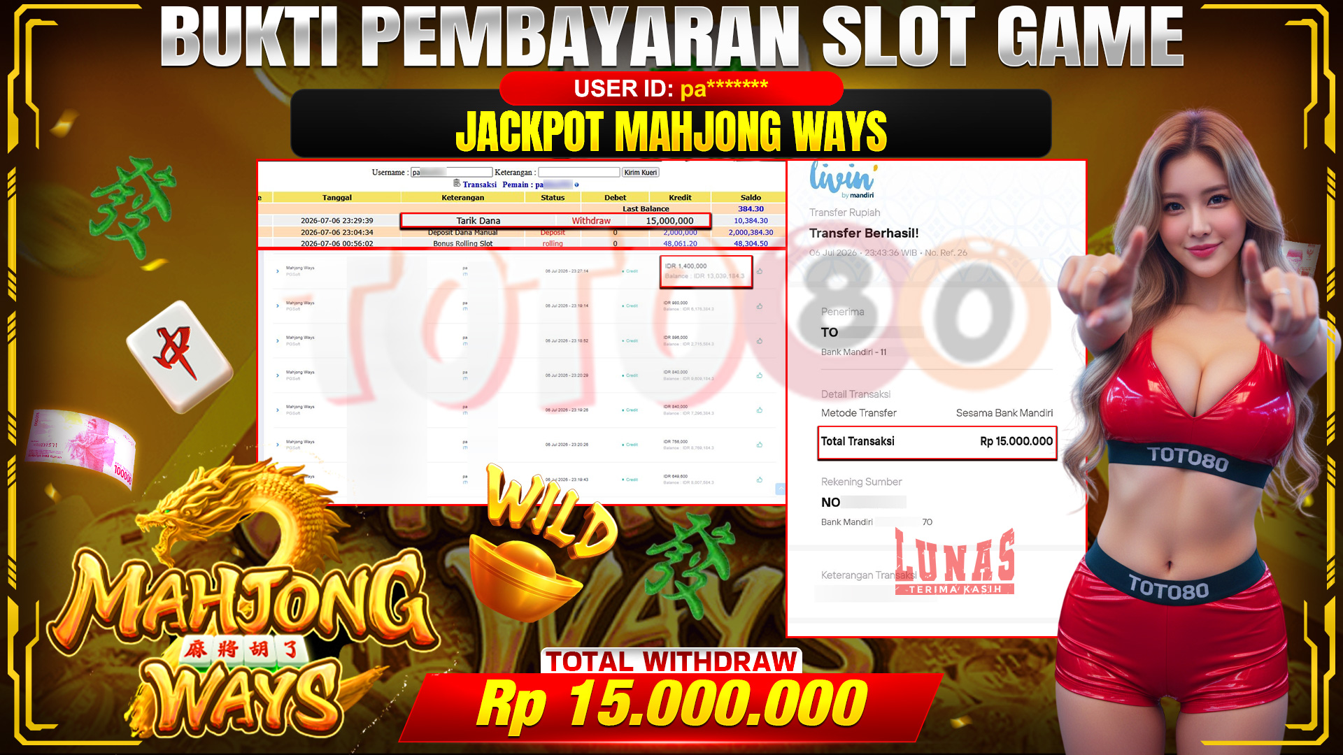 💰🎉 TOTO80 – JACKPOT SLOT MAHJONG  WAYS  RP. 15.000,000,-   TELAH DIBAYARKAN!💰🎉