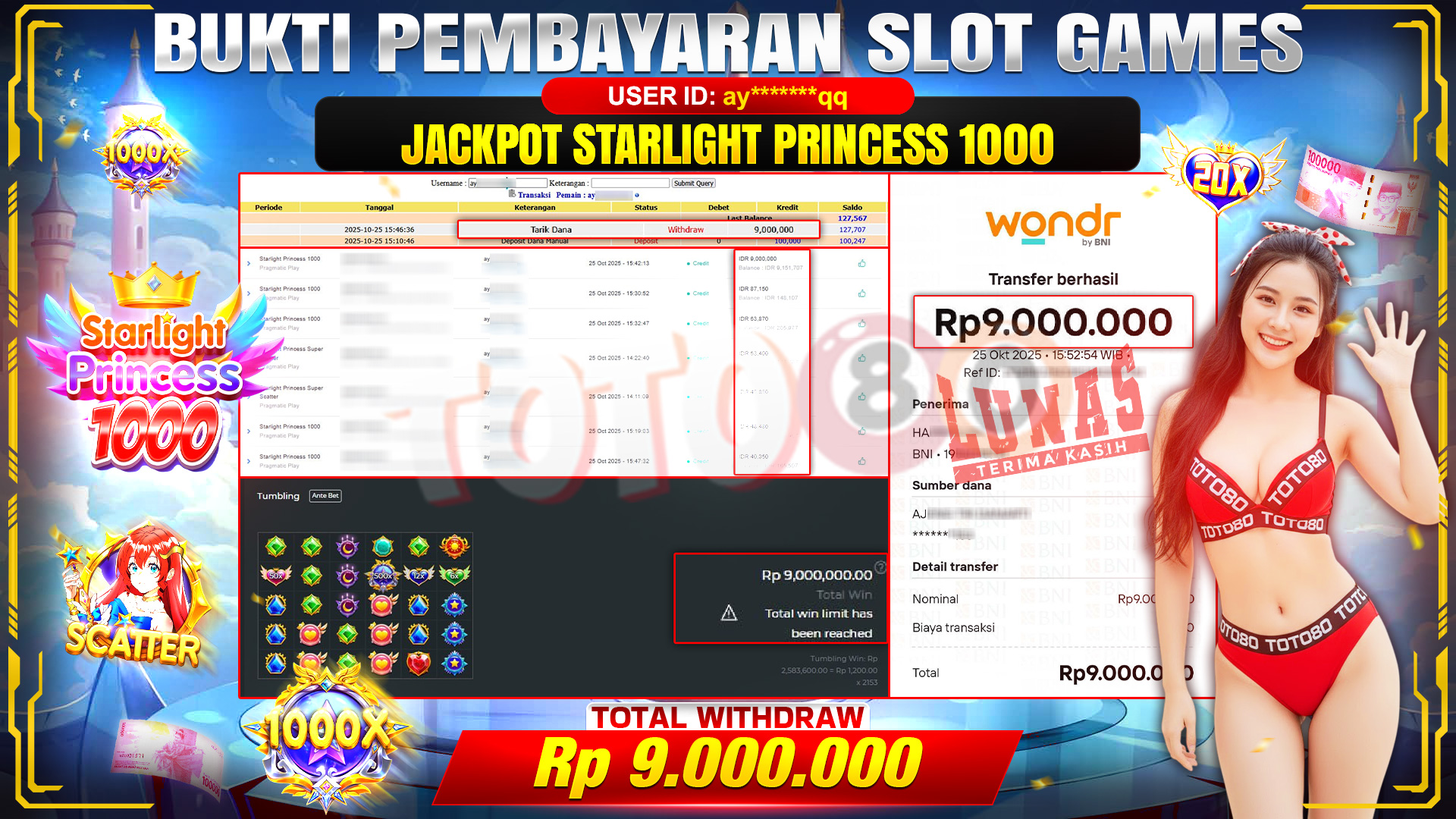 🎉 TOTO80 – JACKPOT SLOT STARLIGHT PRINCESS 1000 RP.9.000.000,- TELAH DIBAYARKAN! 🎉