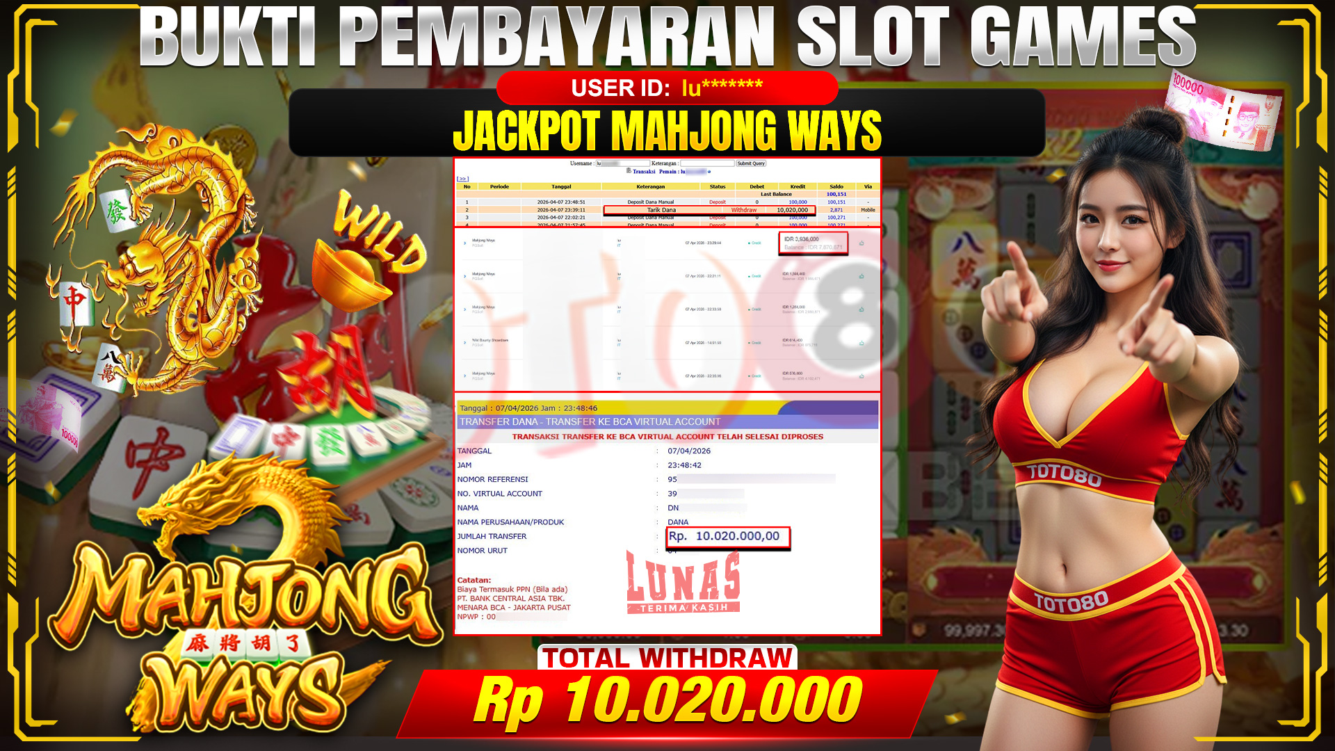 💰🎉 TOTO80 – JACKPOT SLOT MAHJONG WAYS  RP. 10,020,000,-   TELAH DIBAYARKAN!💰🎉