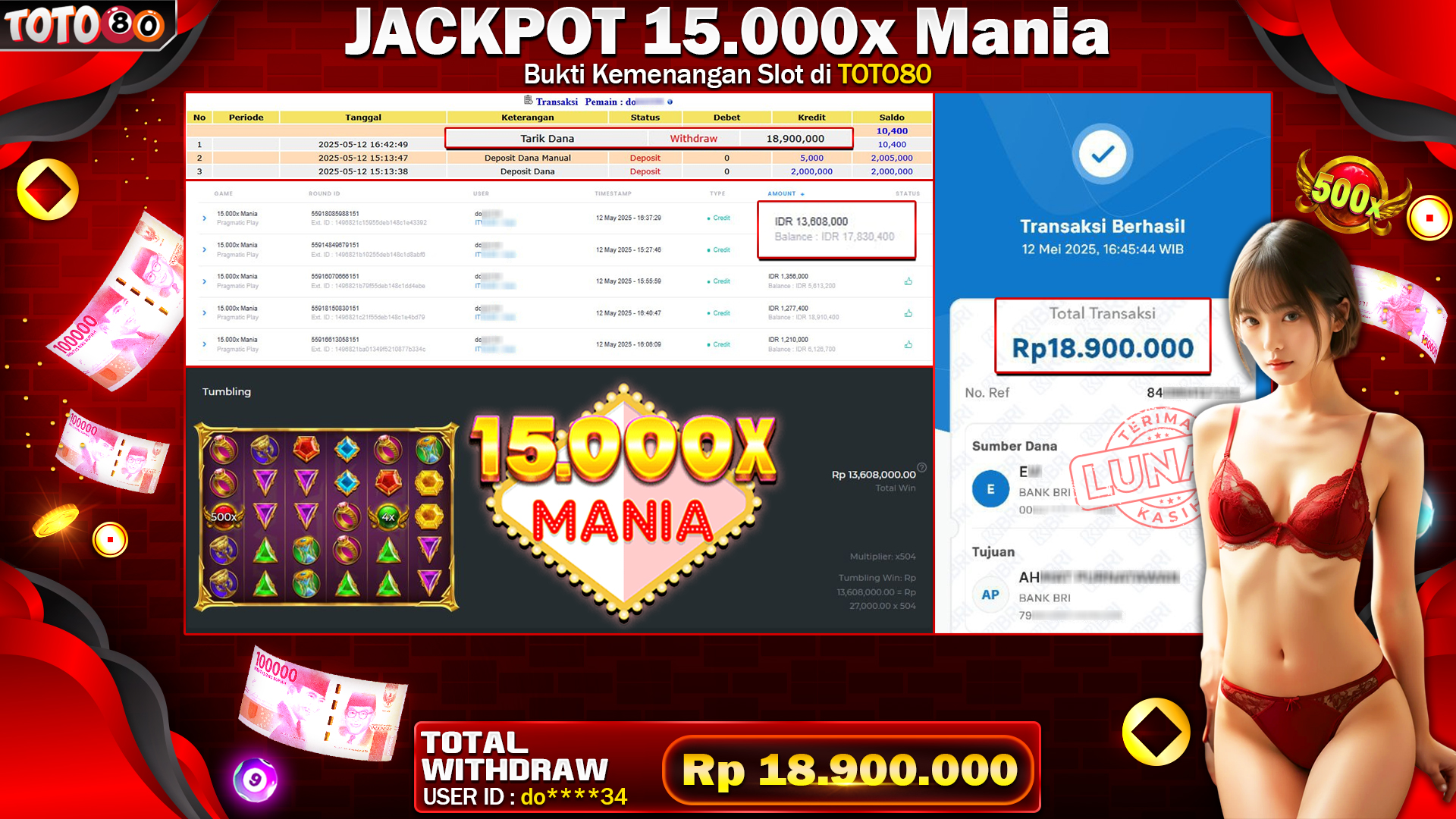 TOTO80 JACKPOT 15.000x Mania  Rp.18.900.000,- LUNAS