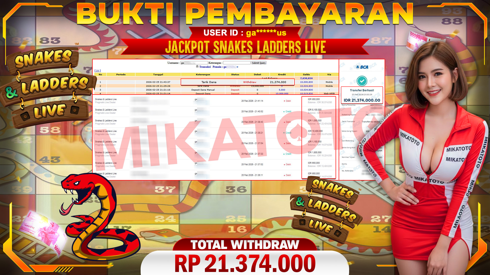🏆 SELAMAT KEPADA PEMENANG JACKPOT DI SNAKES LADDERS LIVE - Pragmatic Live Dealer 21,374.000🏆