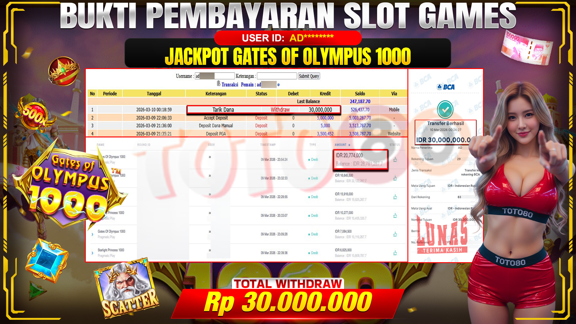 🎉 TOTO80 – JACKPOT SLOT GATES OF OLIMPUS 1000 RP. 30,000,000,- TELAH DIBAYARKAN! 🎉