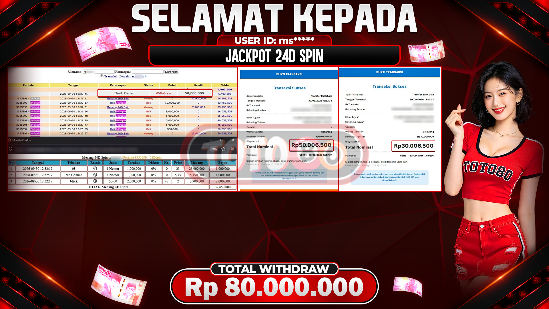 🎉 TOTO80 – JACKPOT SLOT 24D SPIN RP. 80,000,000,- TELAH DIBAYARKAN! 🎉
