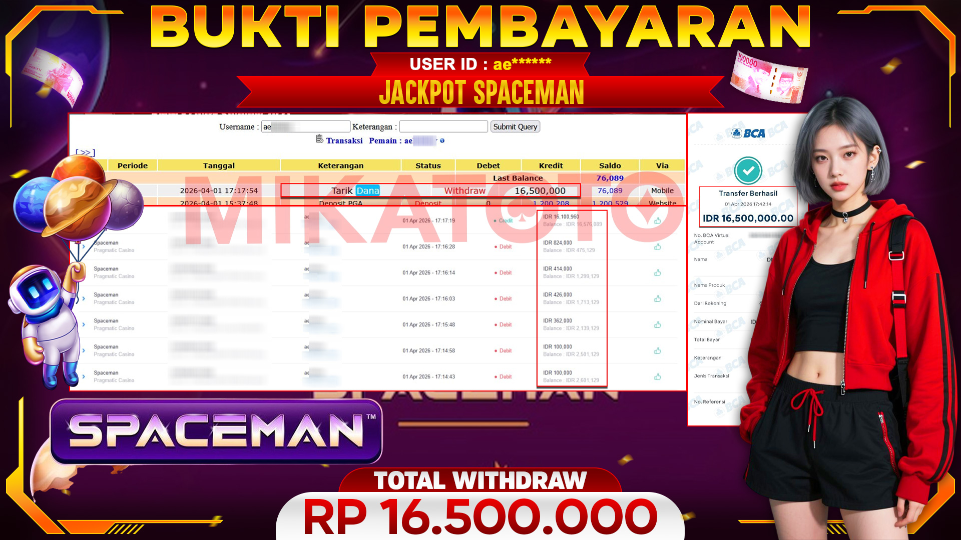 🏆 SELAMAT KEPADA PEMENANG JACKPOT DI Spaceman - Pragmatic Casino 16,500,000🏆