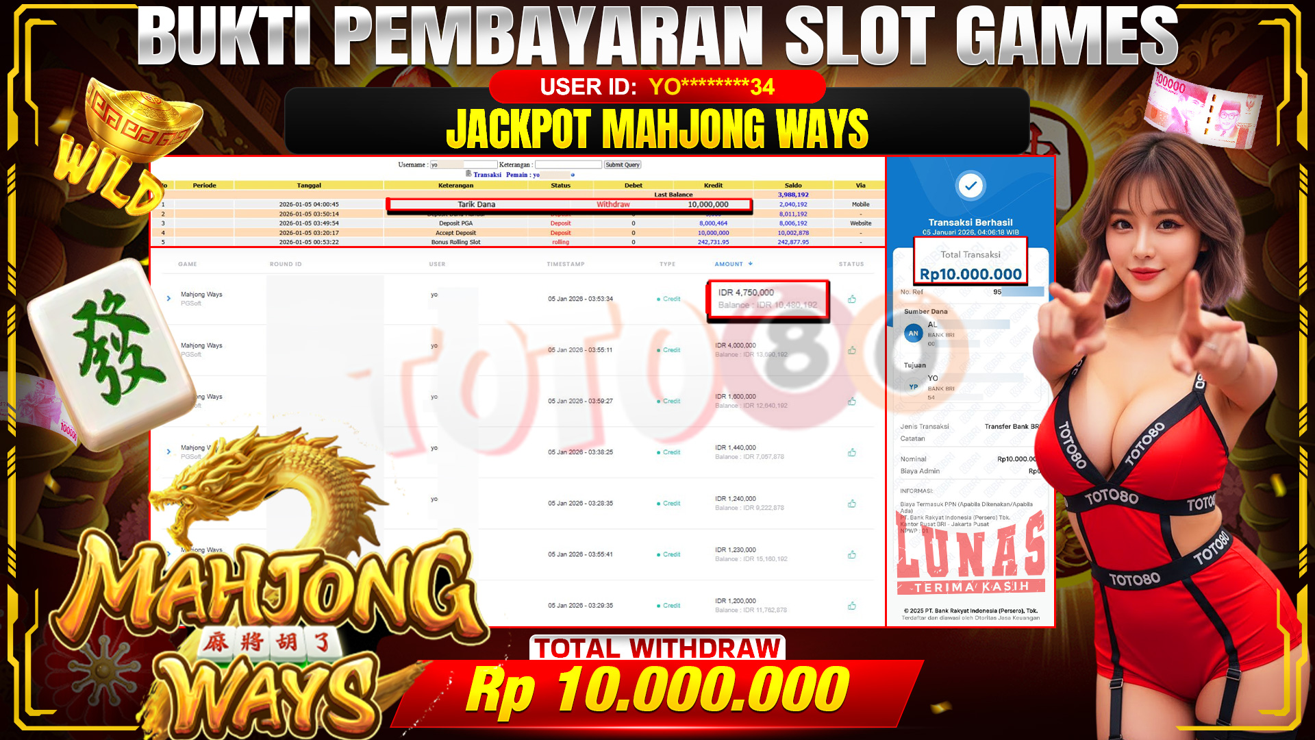 🎉 TOTO80 – JACKPOT SLOT MAHJONG WAYS RP.10,000,000,- TELAH DIBAYARKAN! 🎉