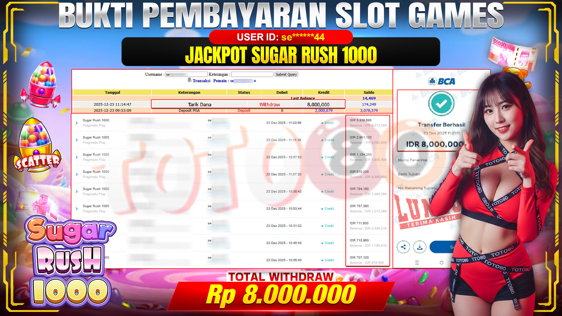 🎉 TOTO80 – JACKPOT SLOT SUGAR RUSH 1000 RP. 8,000,000,- TELAH DIBAYARKAN! 🎉