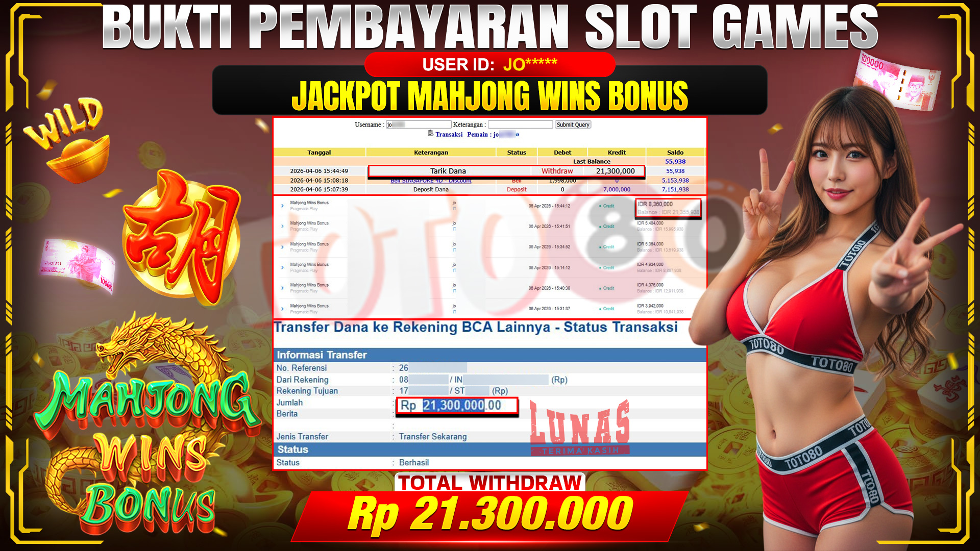 💰🎉 TOTO80 – JACKPOT SLOT MAHJONG WINS BONUS  RP. 21,300,000,- TELAH DIBAYARKAN!💰🎉