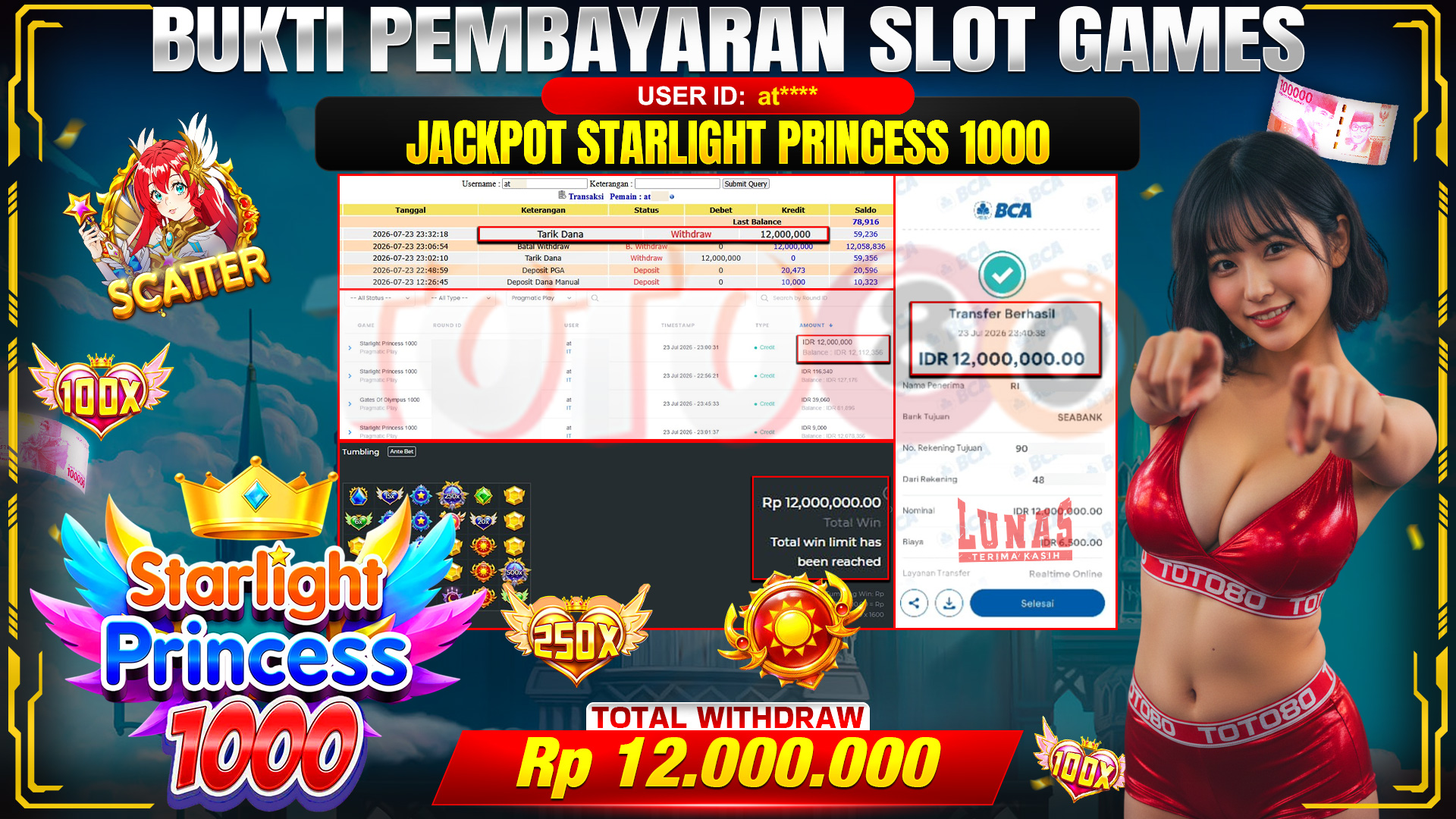 💰🎉 TOTO80 – JACKPOT SLOT STARLIGHT PRINCESS 1000 RP. 12,000,000,- TELAH DIBAYARKAN!💰🎉