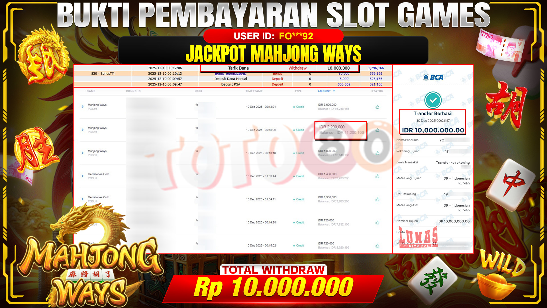 🎉 TOTO80 – JACKPOT SLOT MAHJONG WAYS RP. 10,000,000,- TELAH DIBAYARKAN! 🎉