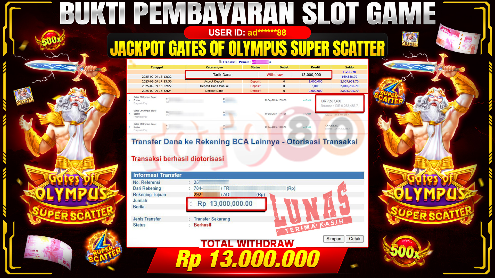 🎉 TOTO80 – JACKPOT SLOT GATES OF OLYMPUS SUPER SCATTER RP.13,000,000,- TELAH DIBAYARKAN! 🎉