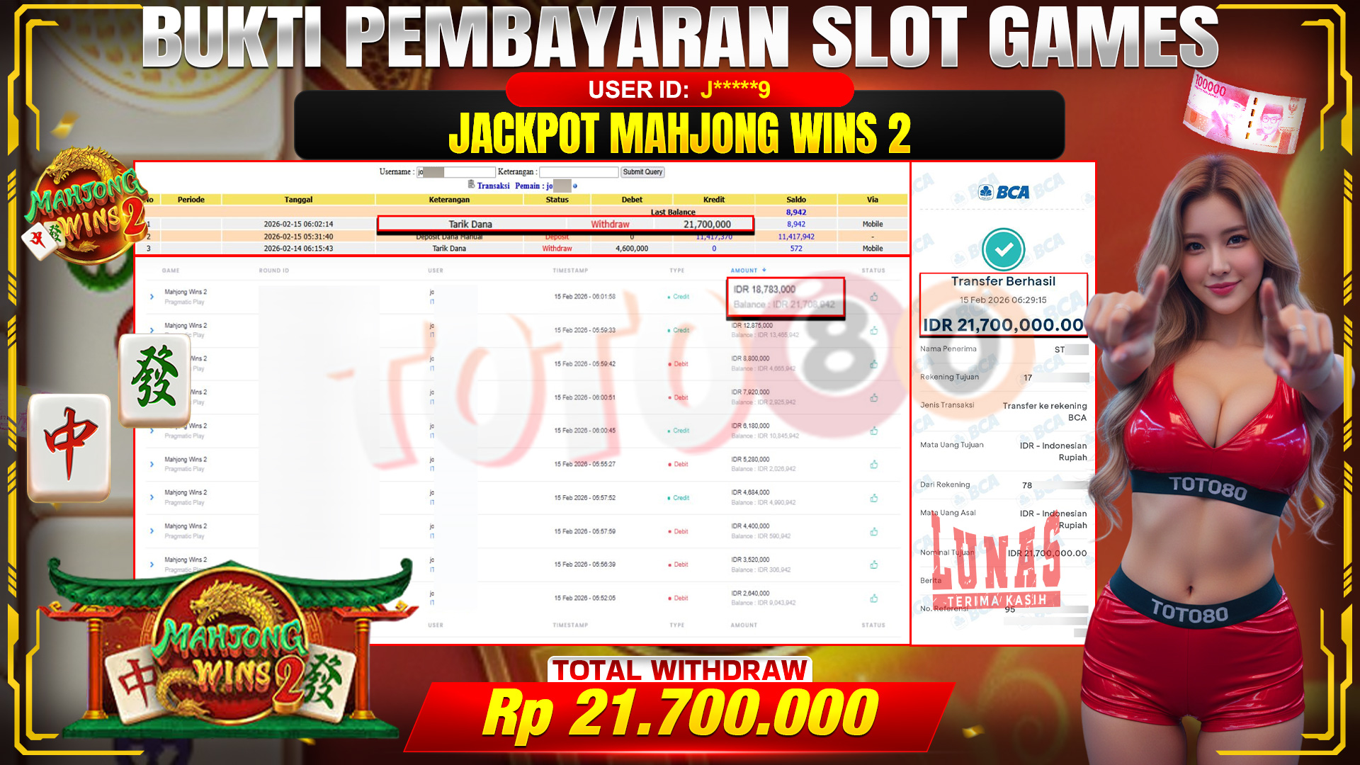 🎉 TOTO80 – JACKPOT SLOT MAHJONG WINS 2 RP. 21,700,000,- TELAH DIBAYARKAN! 🎉